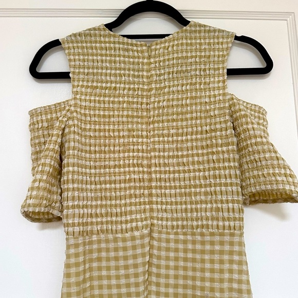 Ganni Beige Khaki Smocked Seersucker Gingham Cold Shoulder Dress, size 34 - Picture 13 of 14